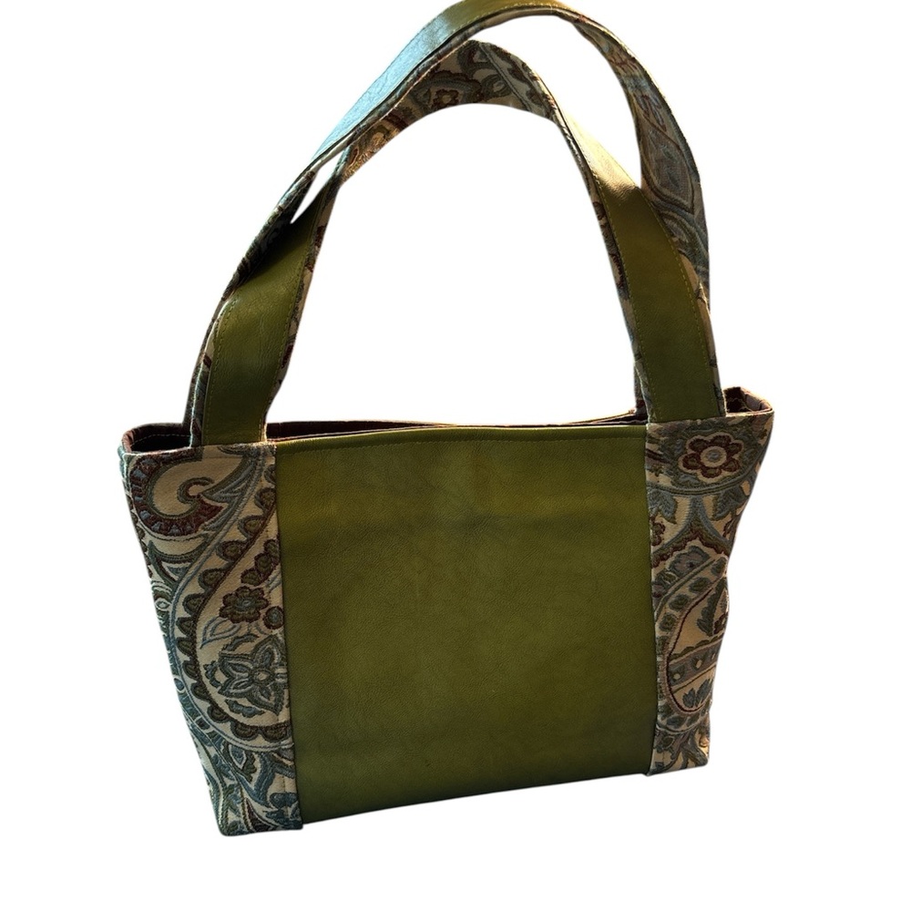 New Handmade Elegant Olive Green Leather and Upholstery Fabric Paisley Tote Bag